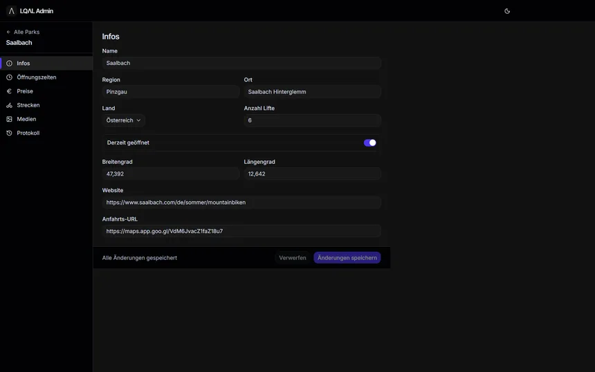 The LQΛL admin dashboard editing the Saalbach park: a sidebar listing information, opening hours, prices, trails, media and a change log, beside a form of name, region, country, lift count, an open-today switch and coordinates, above an explicit save bar.