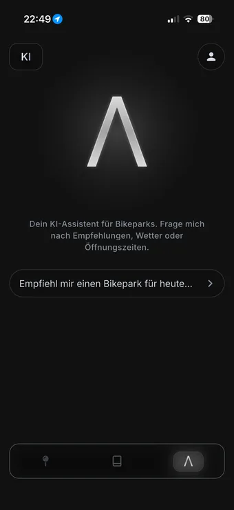 The LQΛL assistant's start screen on a phone: the Λ mark over the line 'Dein KI-Assistent für Bikeparks. Frage mich nach Empfehlungen, Wetter oder Öffnungszeiten', above a single suggested question — 'Empfiehl mir einen Bikepark für heute…'.