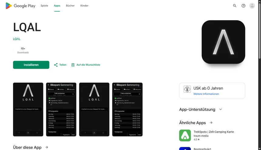 The LQΛL listing on the Google Play Store in a desktop browser: the title LQΛL over a 10+ downloads counter and a green Installieren button, the app icon to the right, four dark preview screenshots below, and a USK ab 0 Jahren panel. No review score is shown anywhere.