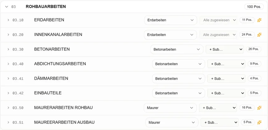 A list view from the tool: the row '03 ROHBAUARBEITEN — 100 Pos.' with eight indented subgroups beneath it, from '03.10 ERDARBEITEN' to '03.51 MAUREERARBEITEN AUSBAU', each with a trade in a dropdown and its own position count. The trades read Erdarbeiten, Erdarbeiten, Betonarbeiten, Betonarbeiten, Betonarbeiten, Betonarbeiten, Maurer, Maurer.