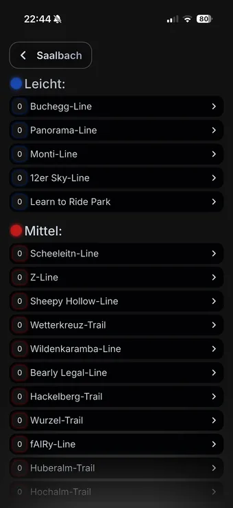 The Saalbach trail list on a phone — a blue dot beside the heading 'Leicht' over rows for Buchegg-Line, Panorama-Line, Monti-Line, 12er Sky-Line and Learn to Ride Park, then a red dot beside 'Mittel' over Scheeleitn-Line, Z-Line, Sheepy Hollow-Line, Wetterkreuz-Trail and seven more, each row carrying a small numeric badge and a chevron.
